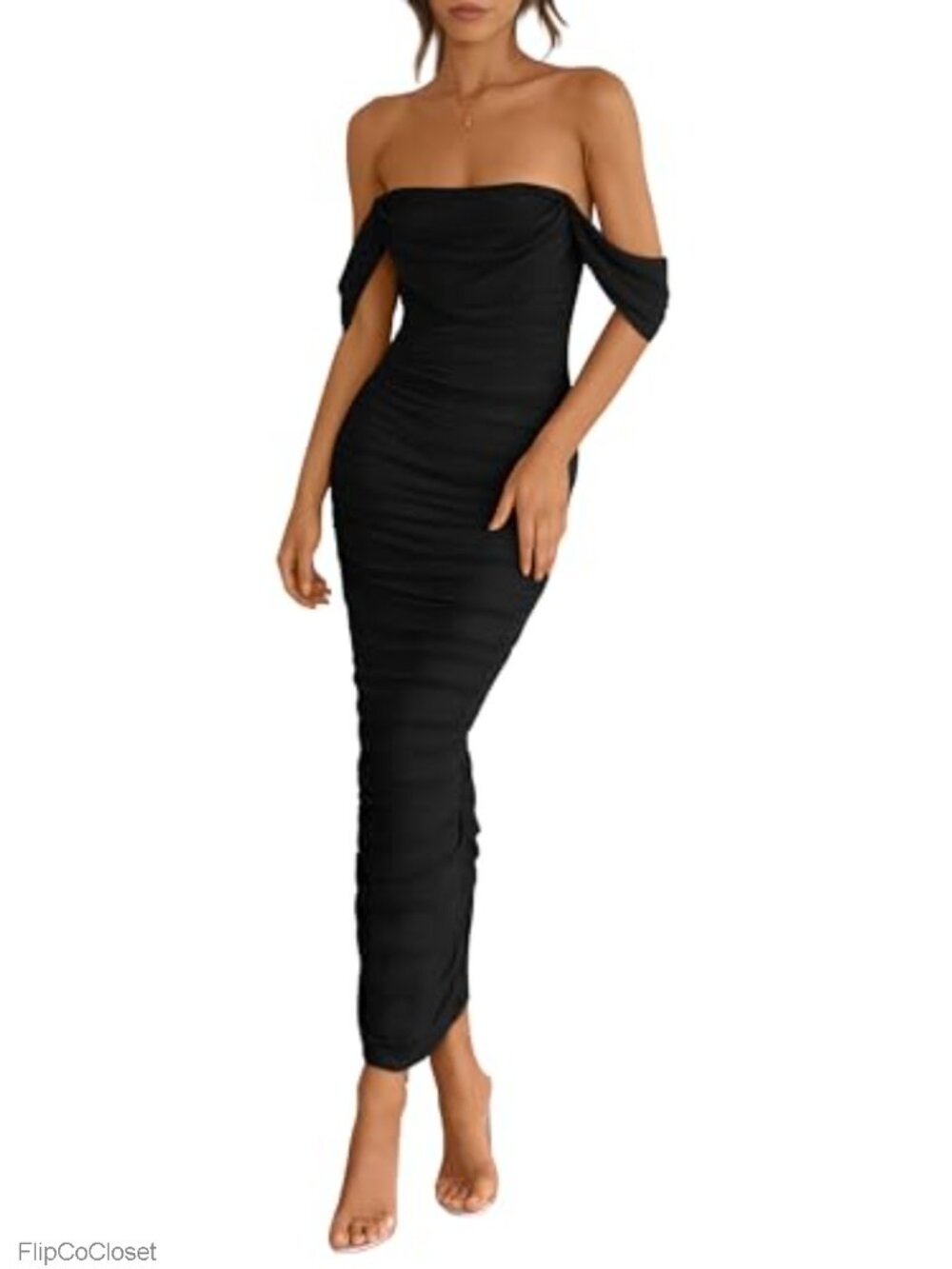 Off Shoulder Ruched Bodycon Maxi Dress Mesh